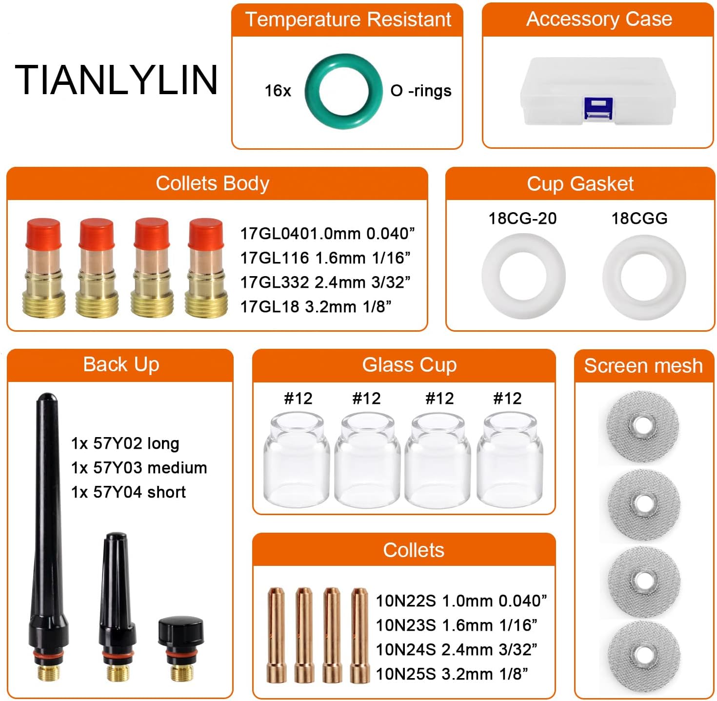 TIANLYLIN 37pcs TIG Gas Lens Collet Body & #12 Pyrex Cup Kit DB SR WP 17 18 26 TIG Welding Torch - 