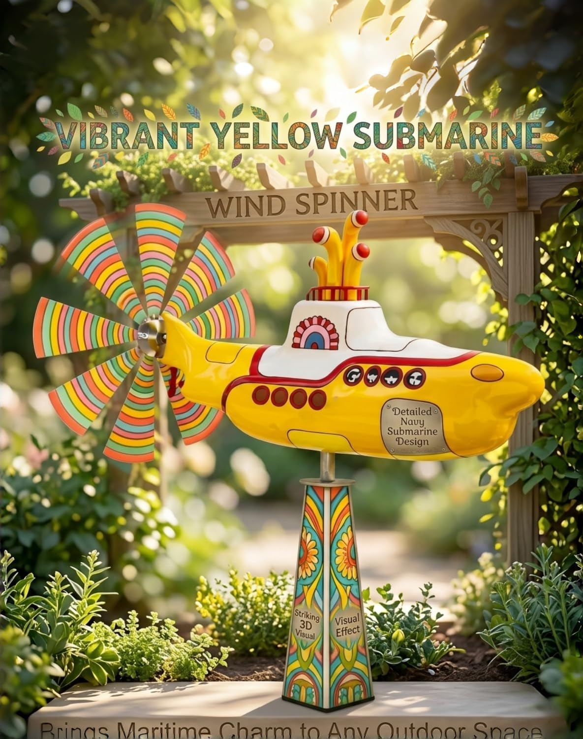 Yellow Submarine Wind Spinner - Metal Submarine Style Yard Spinner with Rotating Blades - 12.6" Wind Sculpture for Outdoor Garden Decor, Patio, Lawn and Flower Bed