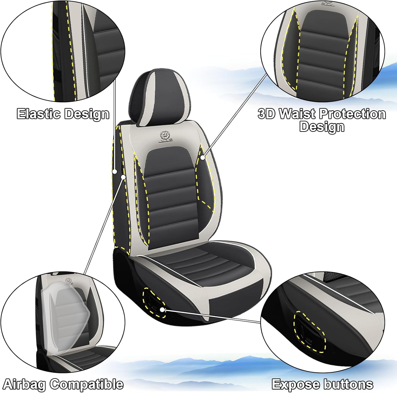 Full Set Car Seat Covers for Hyundai IONIQ 2022-2026, Waterproof Stain-Resistant Seat Cover, Premium Nappa Leather Seat Protectors with Storage Pockets(Standard 5 Seats/Grey&White)