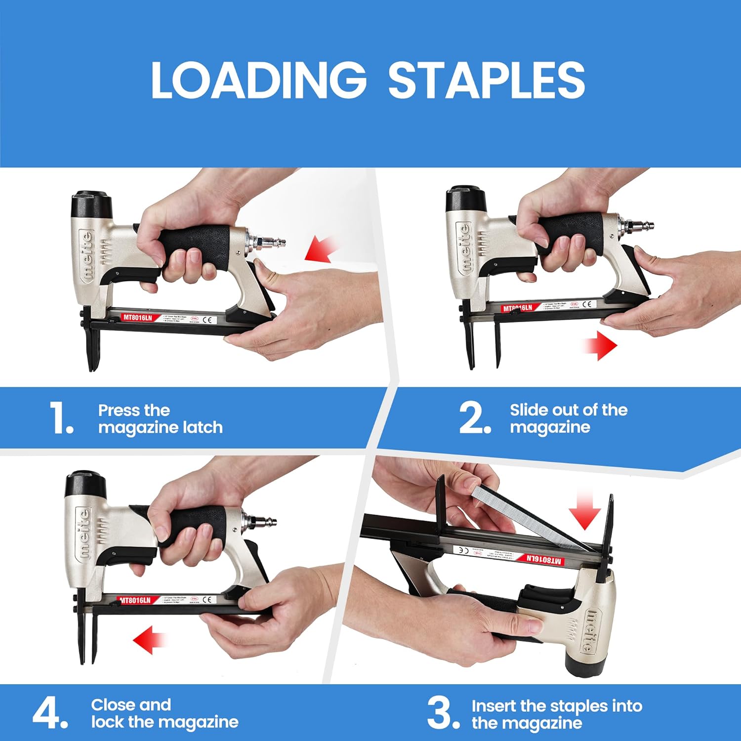 meite Upholstery Staple Gun with Extended Nose for 21 Gauge 1/2-Inch Crown Staples, Heavy-Duty Pneumatic Stapler for Woodworking, Carpentry, and Decoration DIY Projects (Model MT8016LN)