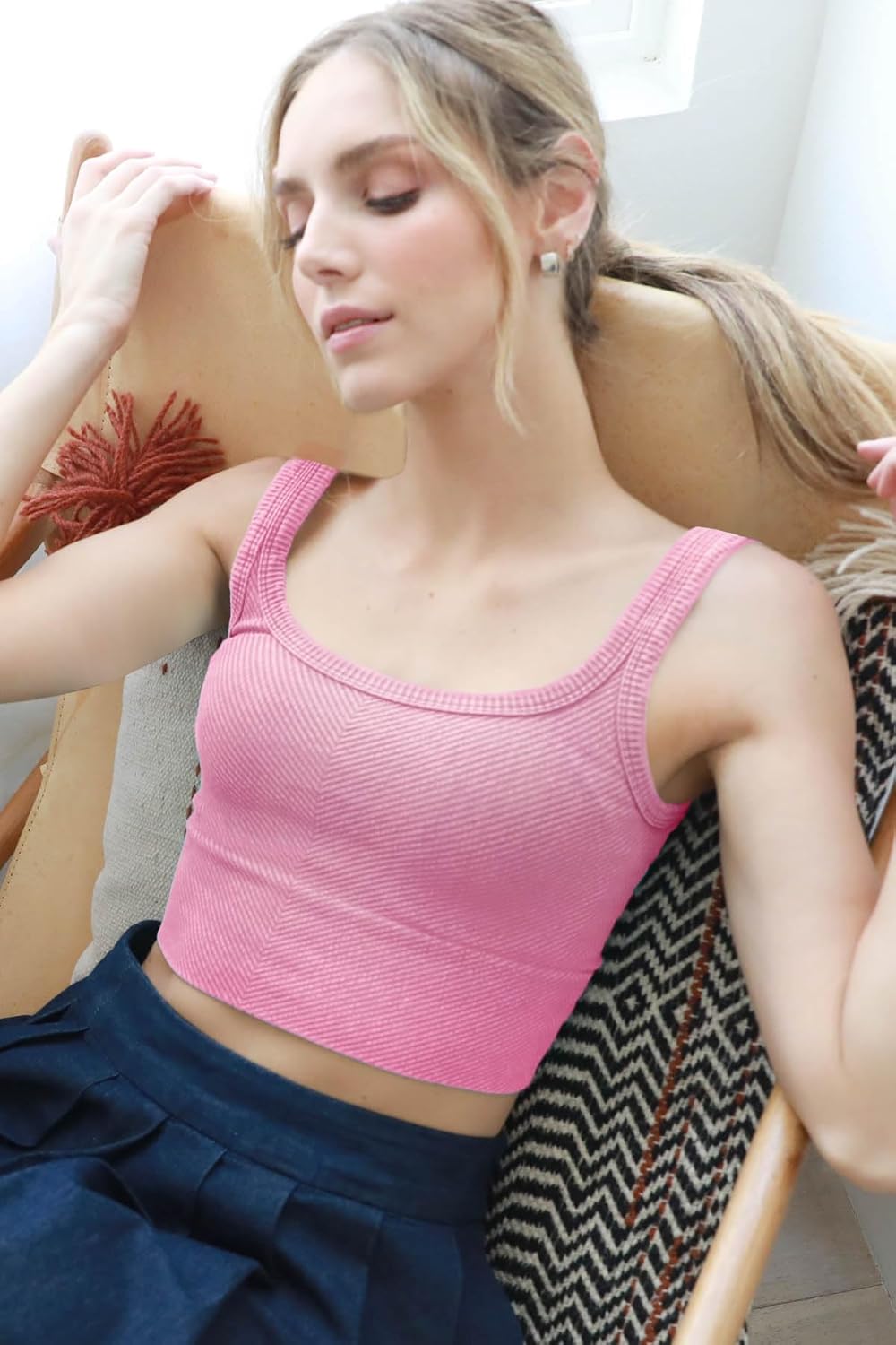 NIKIBIKI Women Seamless Vintage Chevron Ribbed Crop Top, Made in U.S.A, One Size - Image 2