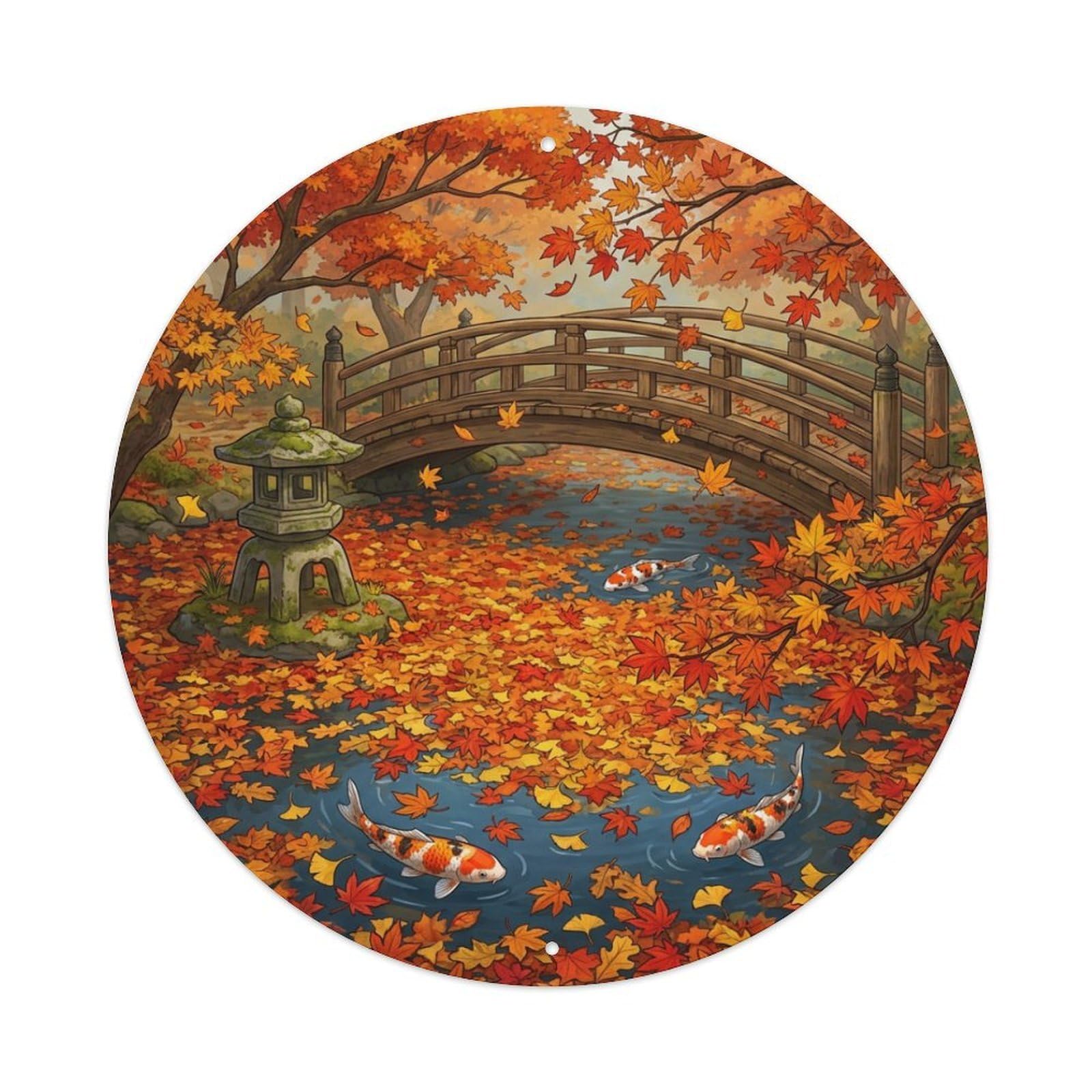 Japanese Koi Fish Autumn Leaves Floating Carpet Metal Tin Sign