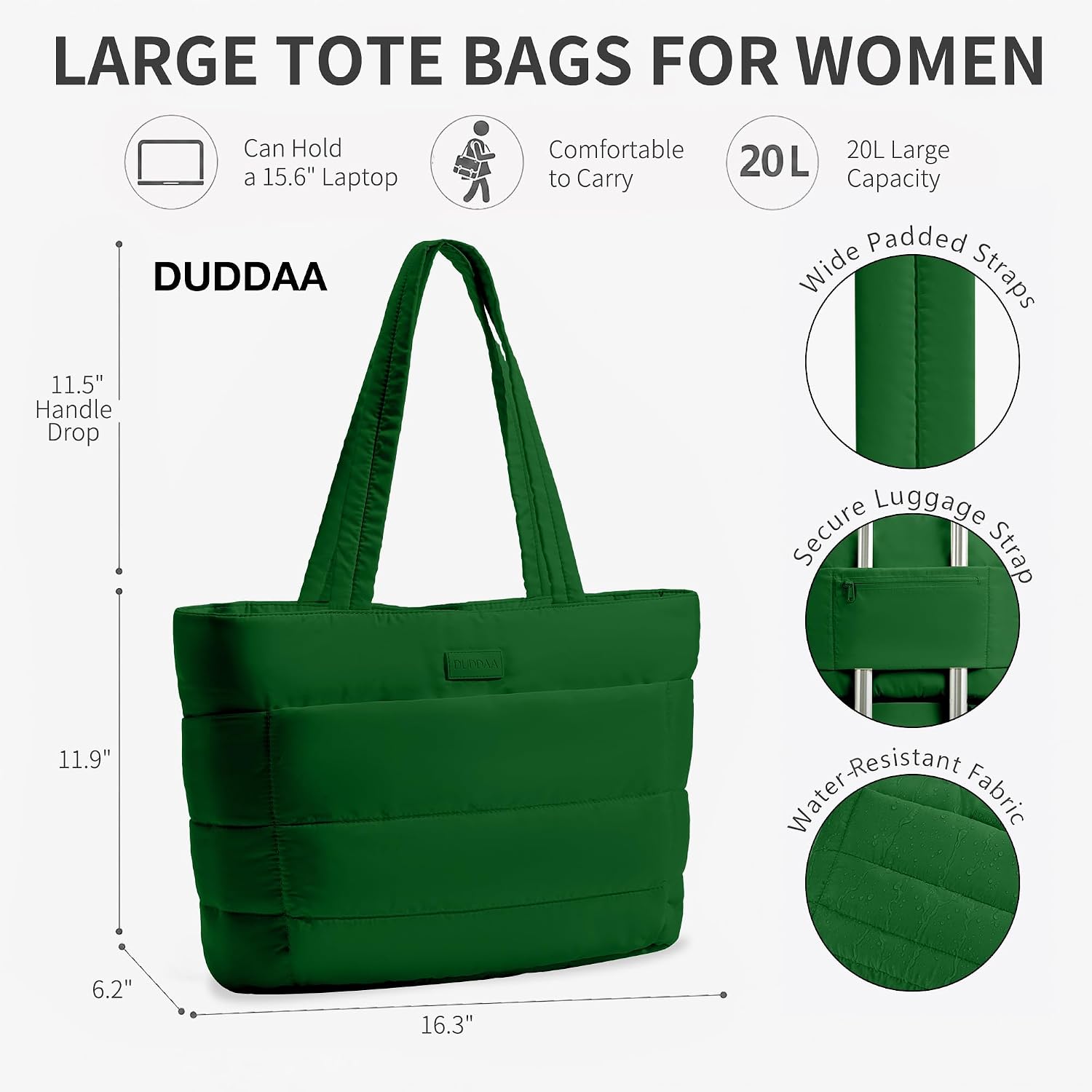 DUDDAA Puffer Tote Bag for Women, Large Travel Bag, Multiple Compartments for Work, Study, Gym, 20L, Fits 15.6'' Laptop image 2