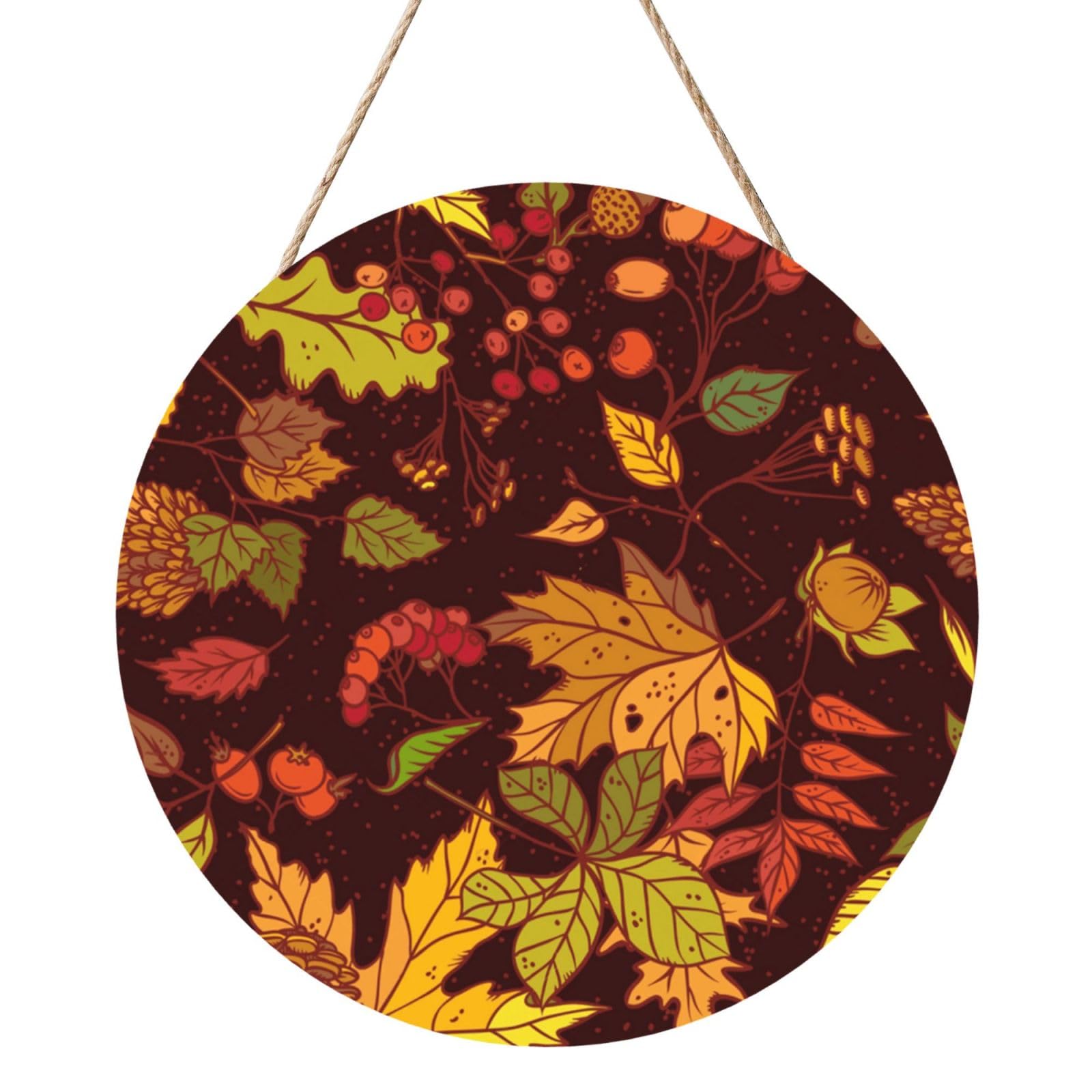 InOmak Fall Autumn Leaves Acorn Berries Printed, Round Wood Panel Painting 12 in, Wall Hanging Painting For Home
