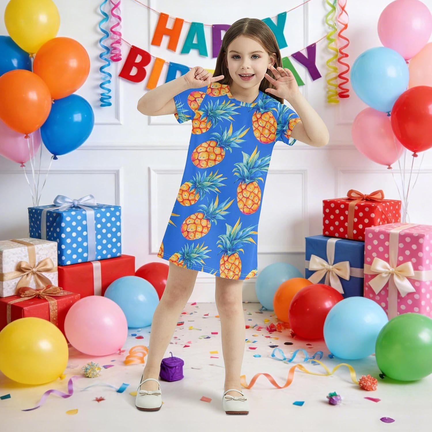 Pineapple Fruits Girls Dresses Summer Dresses for Girls with Cotton Short Sleeves for Casual a Line Dress Size 2-8Y