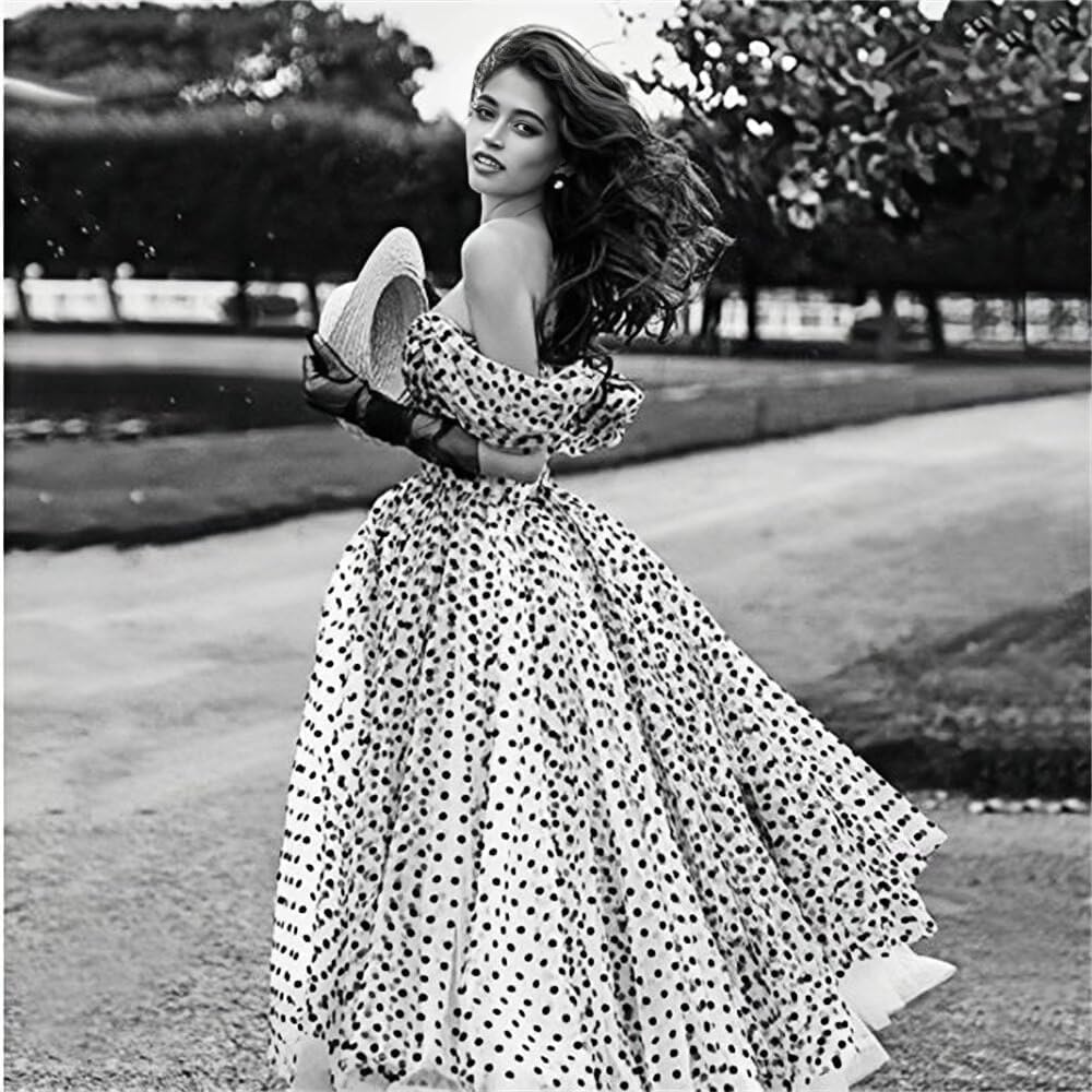 Dydsz Vintage Polka Dots Tulle Prom Dress for Women Elegant Evening Dresses Off Shoulder Formal Party Gown Tea Length