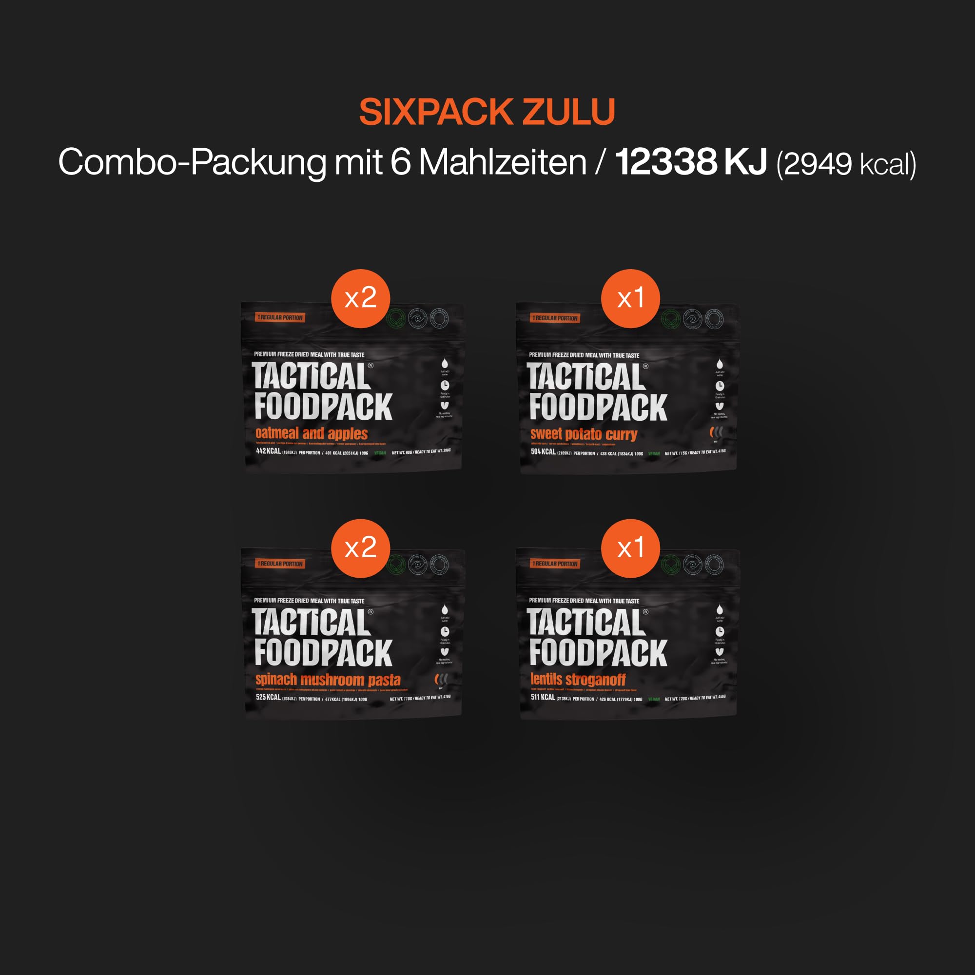 Tactical Foodpack Sixpack Zulu (6 Mahlzeiten) - Gefriergetrocknete Mahlzeiten I zum Verzehr bereit I MRE I Survival I Outdoor Nahrung I Trekking Nahrung I Expedition I Office