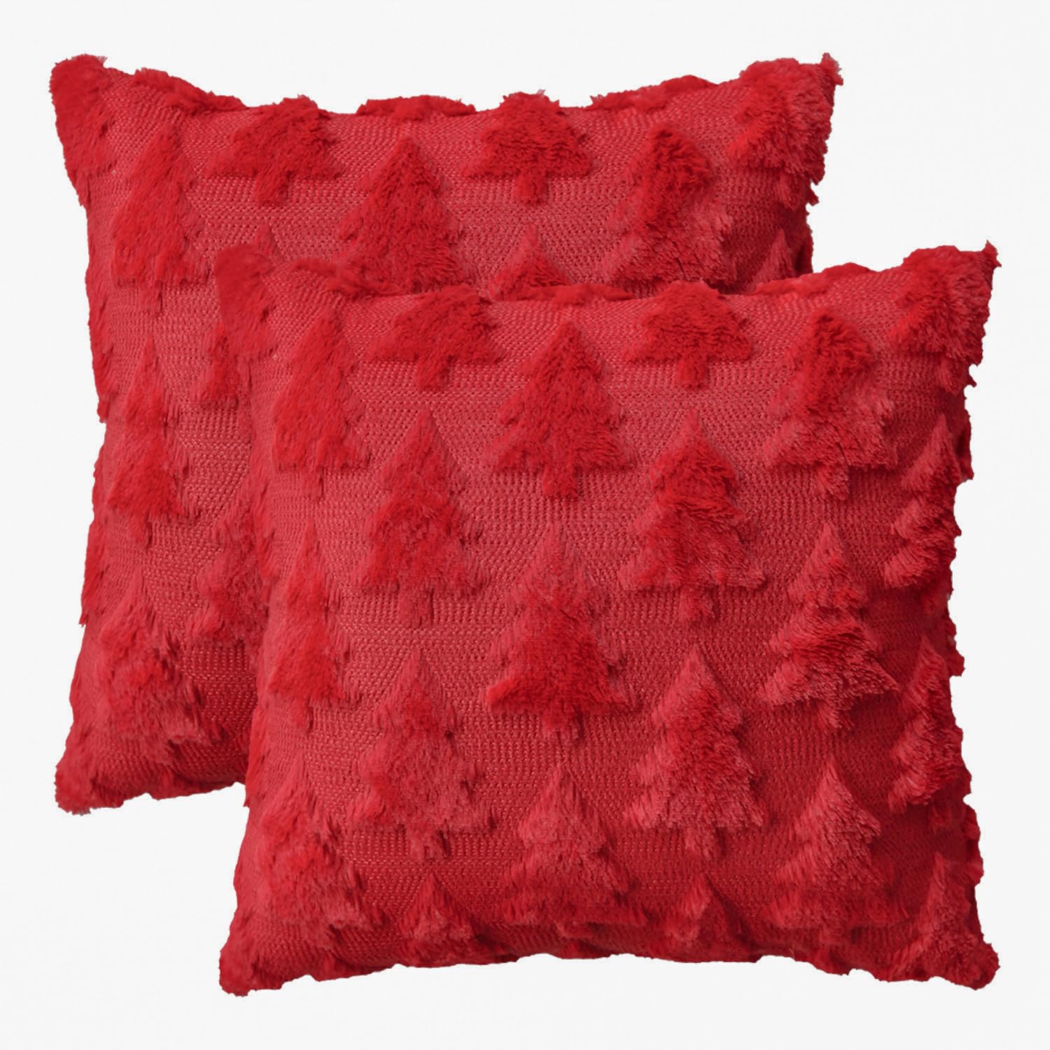 Housses de coussin rouge sapin de Noël 45x45 lot de 2 taies de canapé en fausse fourrure jacquard