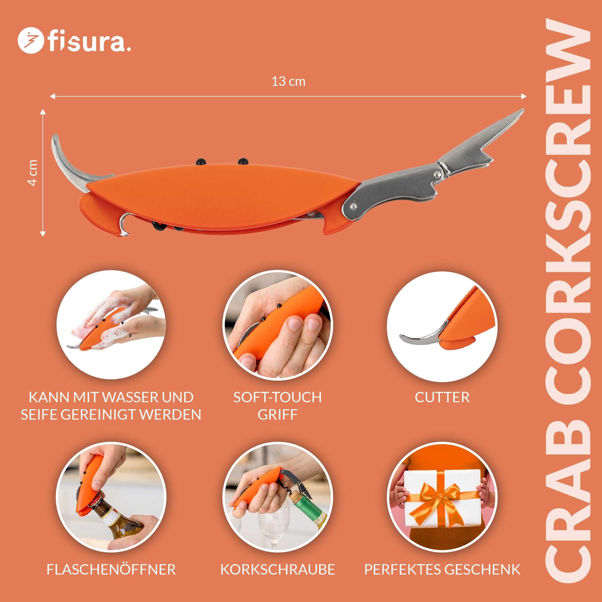 Fisura - Origineller Korkenzieher "Krabbe“. Korkenzieher aus rostfreiem Stahl mit integriertem Folienschneider. Lustiger Weinöffner. Bieröffner, ideal als Geschenk.