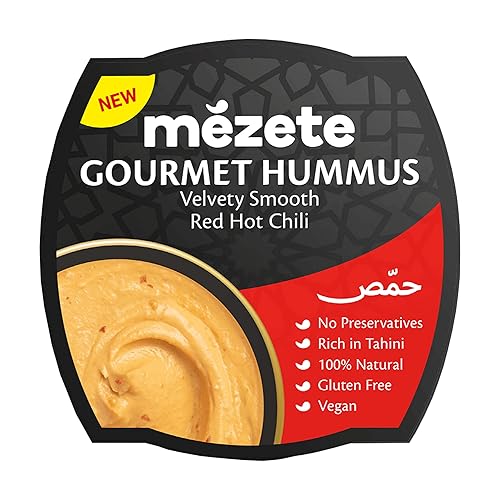 Mezete Hummus de chile rojo vivo, 100% totalmente natural, salsa vegana rica en Tahini sin conservantes, sin gluten, estable en el estante y no