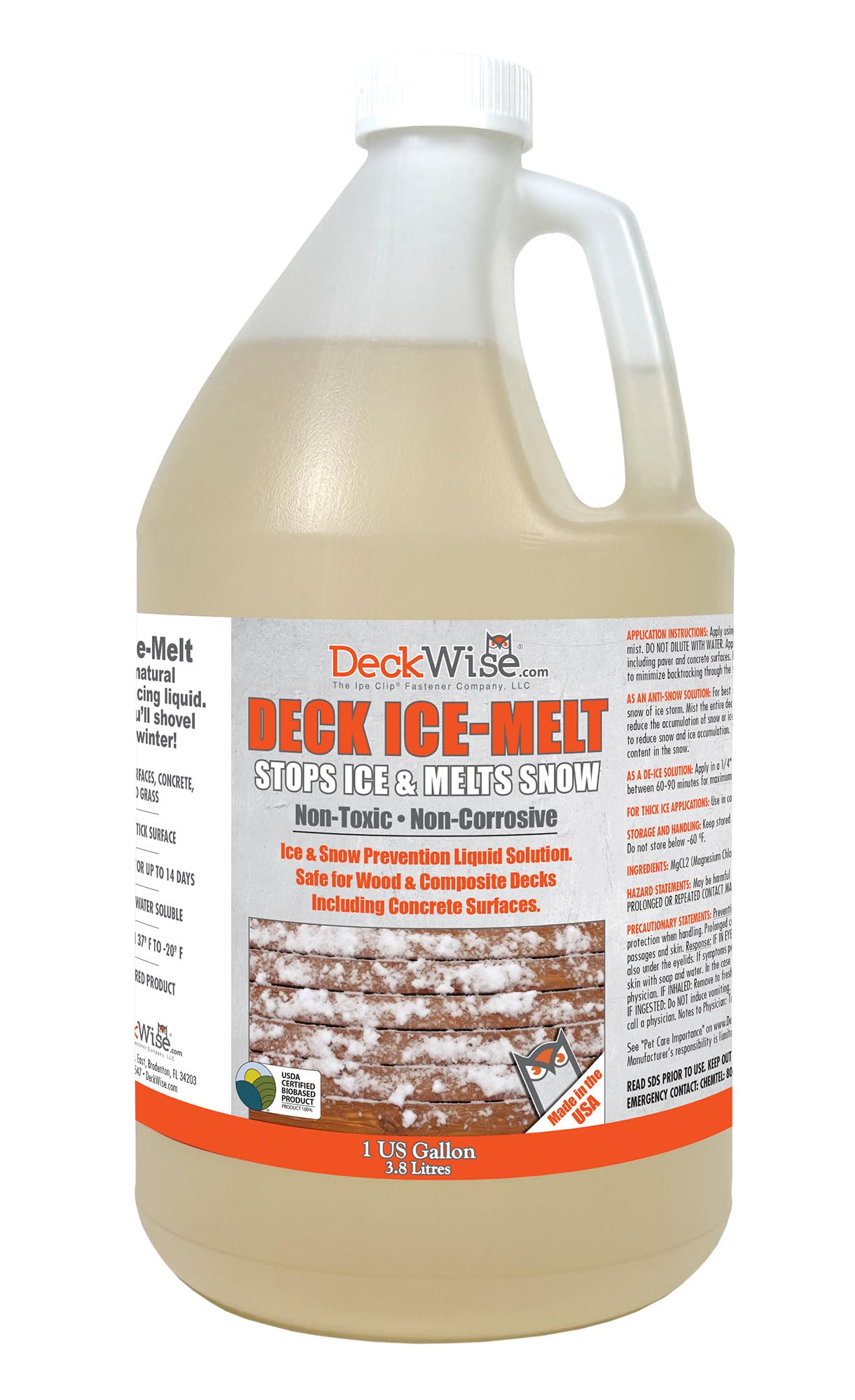 DeckWise Deck Ice Melt, 1-Gal All-Natural Preventative Deicer & Snow Melt for Outdoor Decks, Concrete, Driveways, & Pavers. Liquid Deck Ice Melt Safer for Pets/People/Plants Than Salt Crystal Pellets