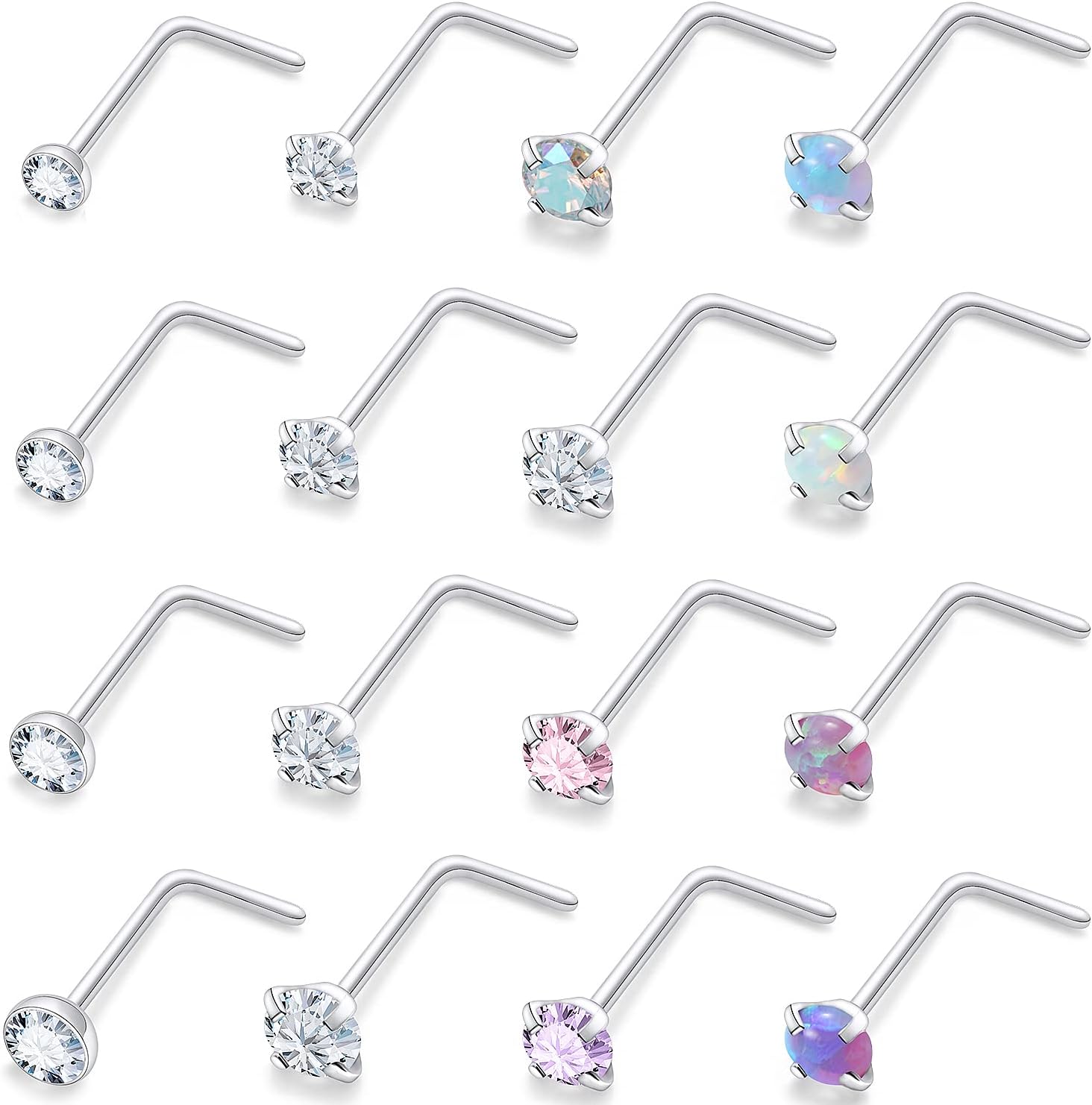 Vsnnsns 18G 20G 22G Nose Rings Studs Piercing Jewelry for Women 316L Surgical Stainless Steel L Shaped Corkscrew Straight Opal Diamond CZ Nose Rings Studs Nostril Piercing Jewelry For Women Men Silver
