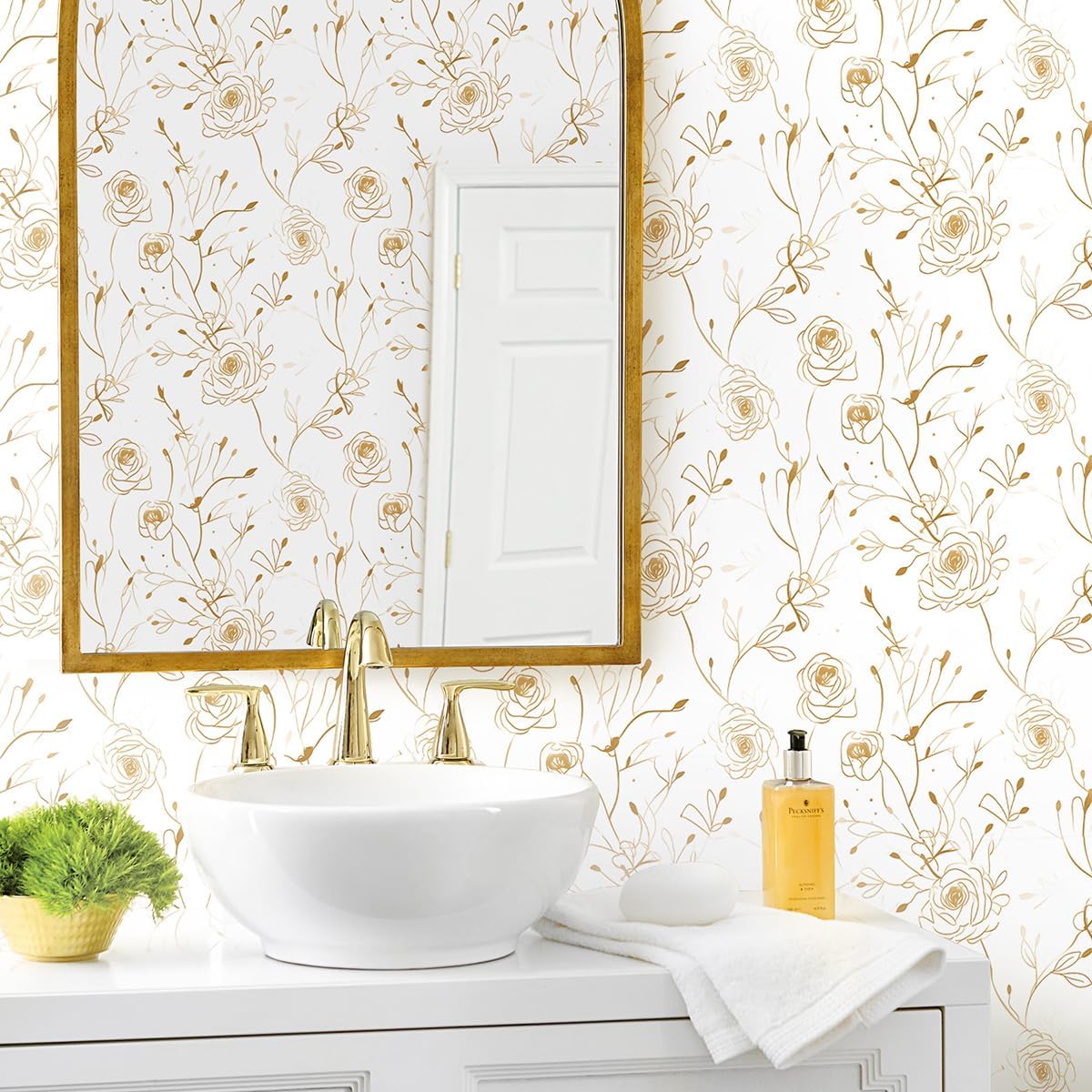 Modern Peel and Stick Wallpaper Floral Contact Paper 16.1inch x 196.8inch Gold and White Wallpaper Line Flower Self Adhesive Removable Contact Paper for Cabinets Vinyl