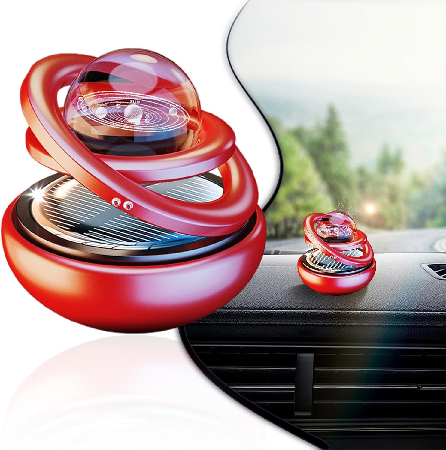 Solar Powered Car Air Freshener, Rotating Crystal Ball Dashboard Diffuser with Ocean Scent, Auto-Rotating Decorative Accessory, for Car Interior Dashboard (Red, One size)