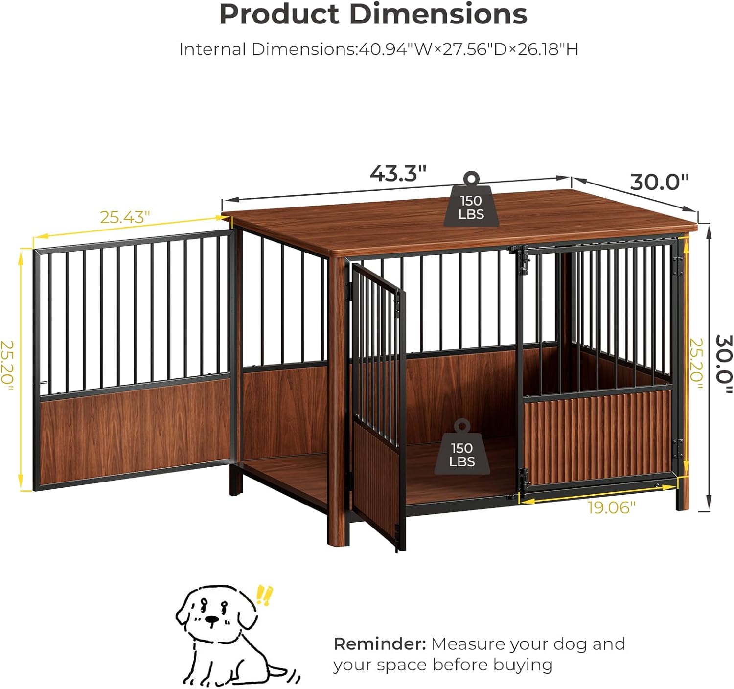 43'' XL Fluted Large Dog Crate Furniture with 3 Doors, Modern Indoor Decorative Dog Crate End Table, Wooden Dog Kennel Cage for Medium to Large Dogs, Walnut