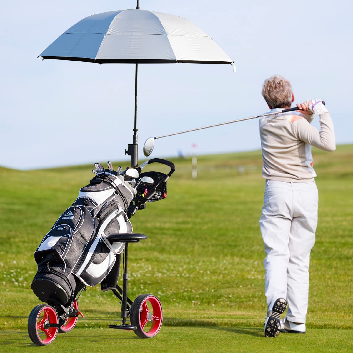 COSTWAY Golftrolley, Golf Trolley, Golftrolley 3 Rad Klappbar, Golfwagen Klappbar, Golf Cart, Golf Trolleys | mit verstellbarem Sitz & Griff & Halter für Schirm und Flasche