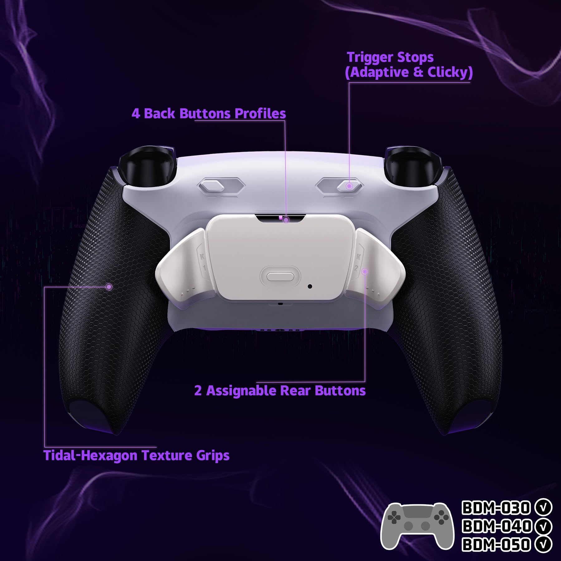 eXtremeRate RISE Plus MAX RMB Remap Kit con Clicky Kit para ps5 Modelo BDM-030/040/050 Tope Gatillos & Goma Grip Carcasa Trasera & Botones Metálicos Remapeables para ps5-SIN Mando(Blanco Negro)