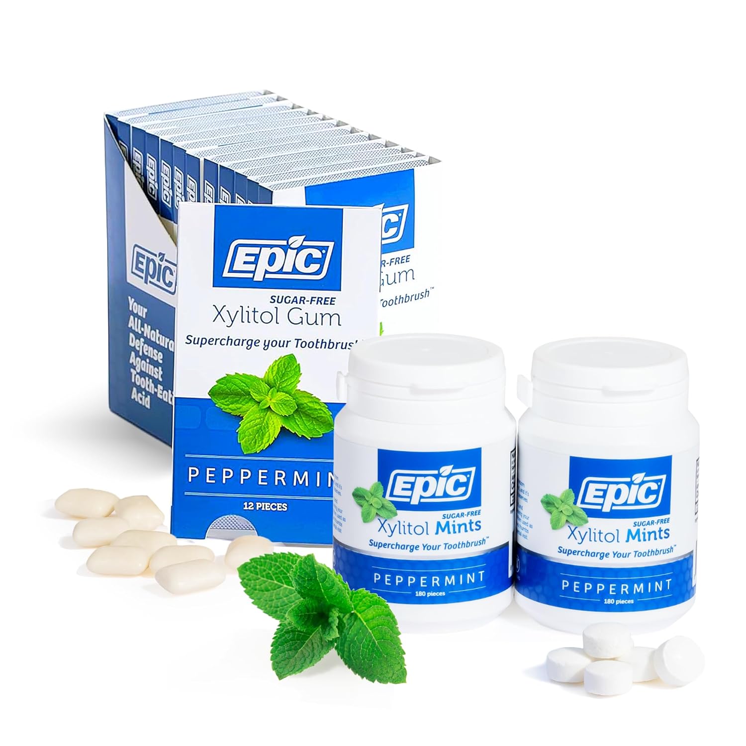 Epic Xylitol Peppermint Chewing Gum & Mints Bundle - 144 Pieces Peppermint Gum & 360 Mints - Sugar Free, Aspartame Free, Dentist-Recommended for Dry Mouth & Cavity Protection