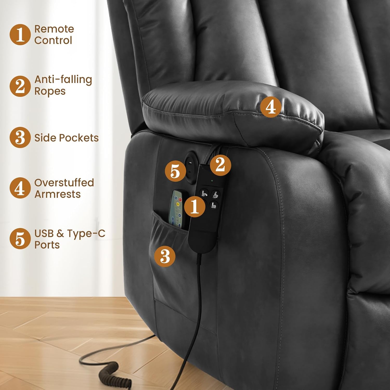 Lift Recliner Chair, Dual Motor Infinite Position Lay Flat Lift Chairs with 8-Point Massage & Heat,USB/Type-C Ports, Dual Remote Control,Heavy Duty 350lbs Capacity, Width 18.6" (Leather, Silver Grey)
