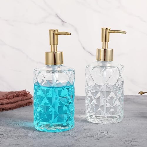 Miniatura 4 de Paquete de 3 dispensadores de jabón de vidrio en relieve de diamante con bomba de plástico dorado, dispensador de jabón de baño de 12 onzas,