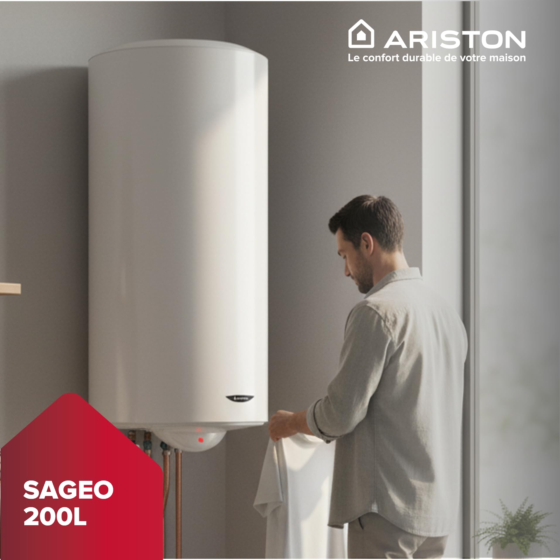 Ariston SAGEO 200 L - Chauffe-eau Électrique Vertical Mural 200L - Ø560mm - Résistance Stéatite Anticalcaire - Installation en eaux dures - NF Performance 2** - Conçu pour être installé en France