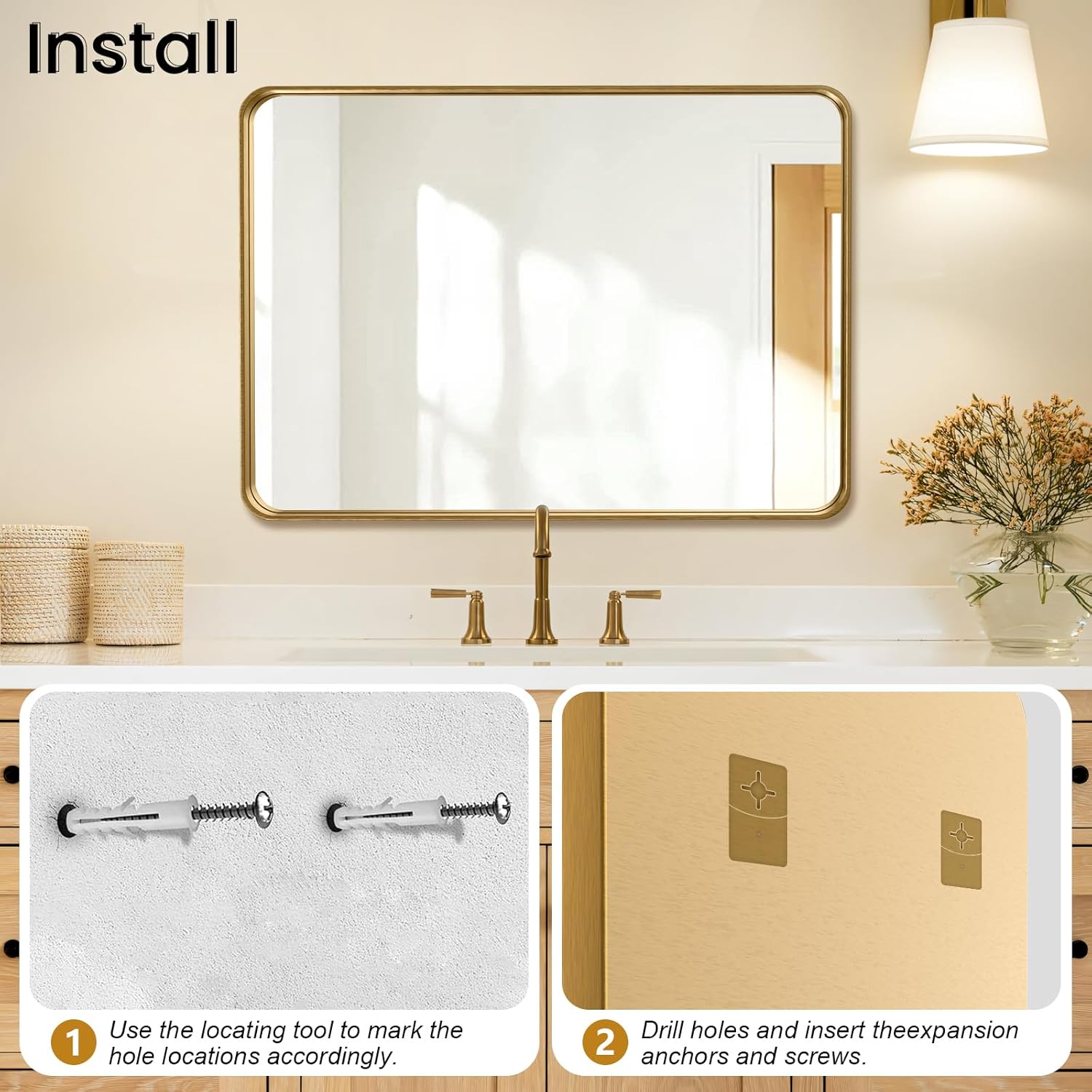 28x36 Inch Large Brushed Gold Bathroom Mirror, Premium Aluminum Anti-Rust Frame, HD Wall Mounted Decorative Mirror, Oversized Rectangle for Double Vanity and Master Suite