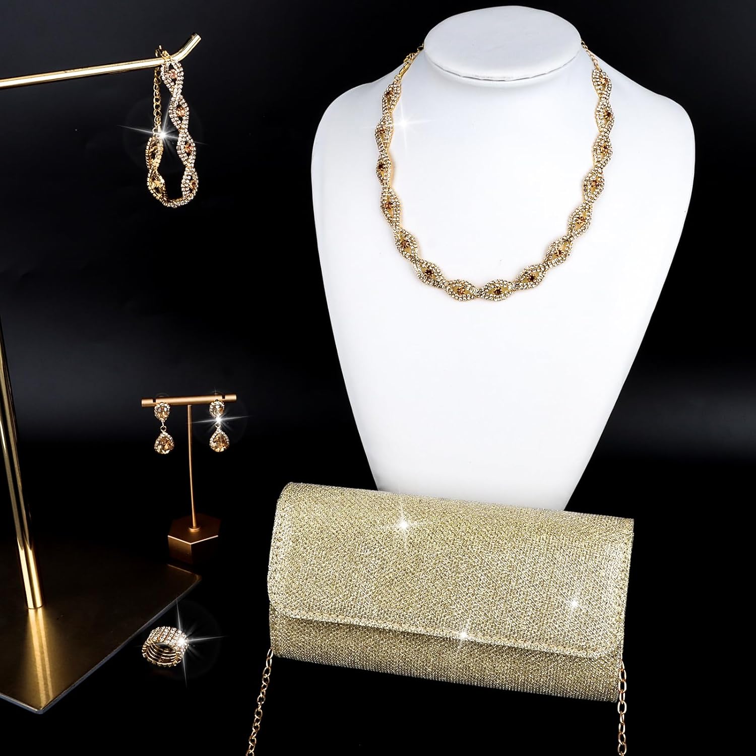 5 Pieces Clutch Purse Rhinestone Jewelry Sets for Women Prom Necklace Earrings Bracelet Ring Bling Glitter Purse Formal Jewelry for Women Evening Wear - Image 2