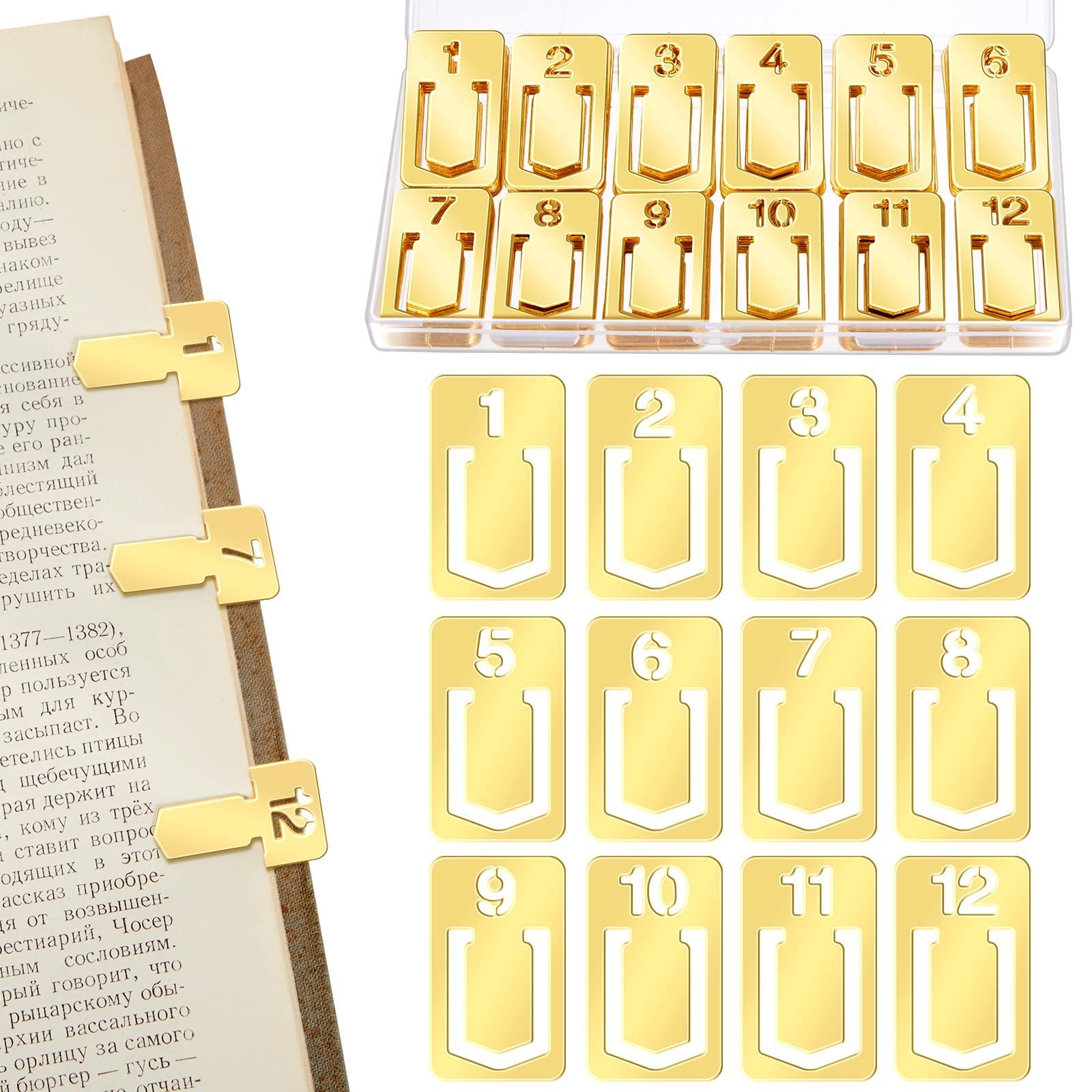 SYOSI24 Pcs Metal Bookmarks, Number Bookmarks Brass Metal Clip Bookmarks for Page Mark for Teachers Students Book Lovers (Gold)