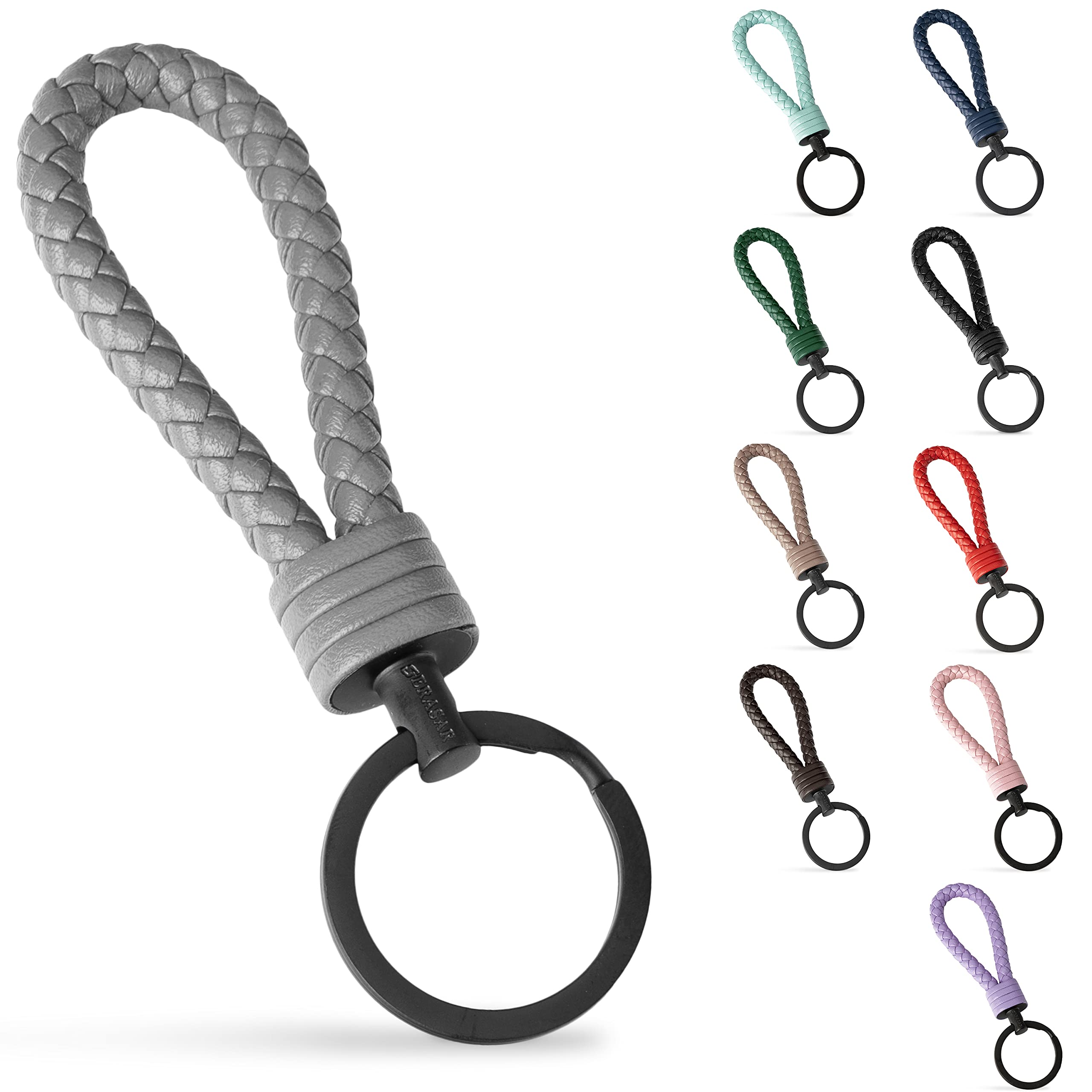 SERASAR Keychain Leather with stainless steel Keyring - Additional Rings for small Keys - Ideal for Car, Motorcycle, Bike and House Keys - With Gift Box for Men & Women