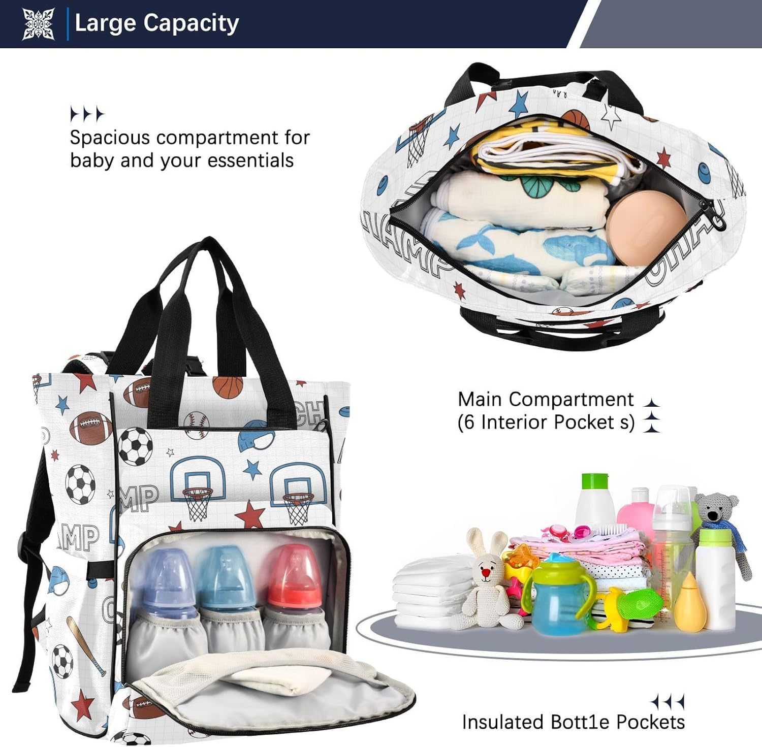 Sports Balls White Print Diaper Bag Backpack for Baby Boys Girls Multifunction Baby Essentials Travel Tote with Stroller Straps & Bottle Storage Large Travel Diaper Backpack for Dads Moms Baby