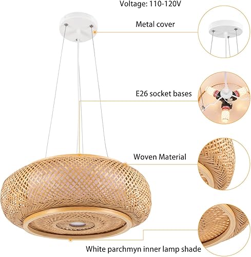 Miniatura 4 de Eapmic Lámpara colgante de bambú tejida a mano, lámpara de ratán de una sola luz, tejido de madera natural, accesorio colgante de techo con cable