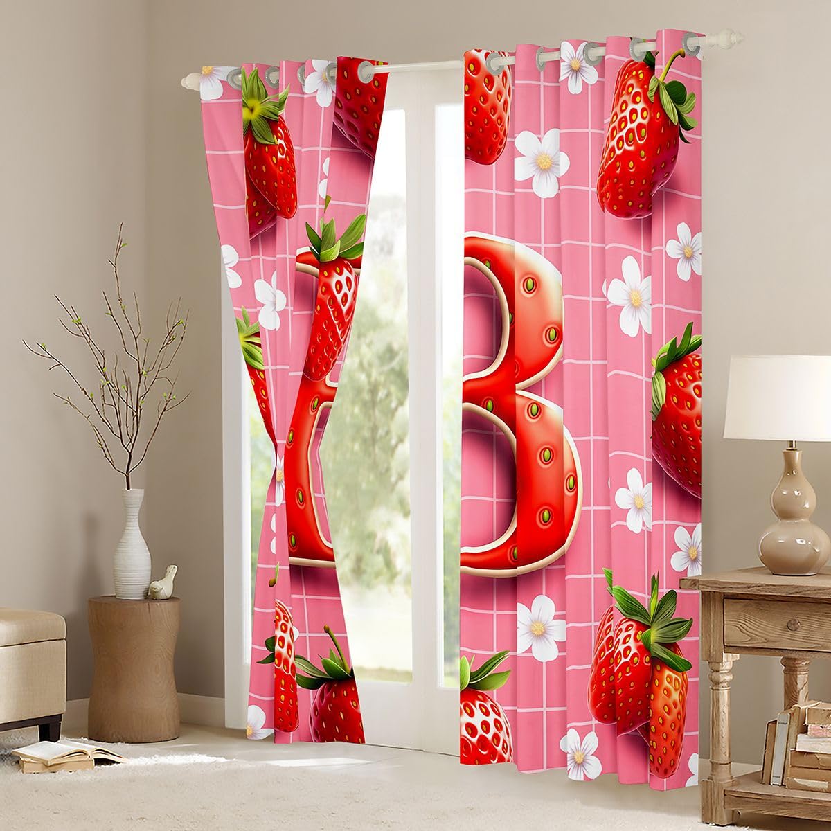 Homemissing Trattamenti per finestre con fragole 3D, 2 pannelli L 132 x L 90 tende oscuranti fragole rosse personalizzate lettera B decorazione della stanza tende floreali carine per camera da letto