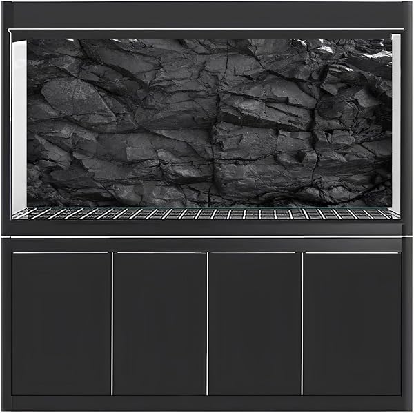 The MIRRORANG 91x50cm Stone Aquarium Background features a detailed black rock design to enhance aquatic or terrarium environments.