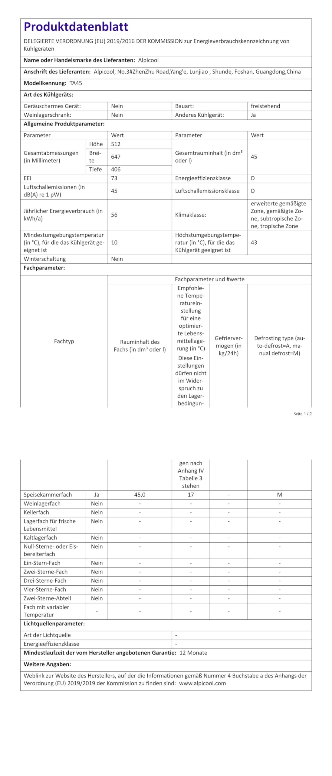 Alpicool TA45 Lodówko-zamrażarka turystyczna samochodowa 45 l, 12/24 V, przenośna lodówka do domu, biura lub na piknik w plenerze, od -20 do 20℃