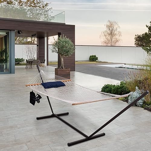 Miniatura 6 de Lazy Daze Hammocks Hamaca de doble cuerda con soporte incluido, cuerda de algodón tradicional de 12 pies con almohada para exterior, patio trasero,