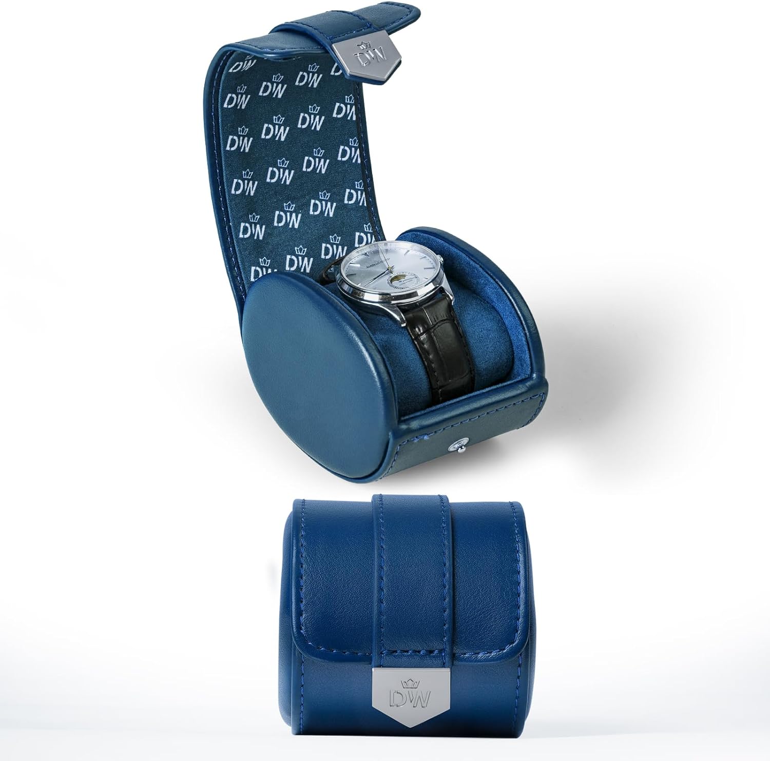 DUKWIN Watch Roll,Vegan Leather Travel Single Watch Case Organizer with Removable Pillows for Men and Women,Display Case for All Watches Collection and Gift for Anniversary Birthday(Blue Storage Box)