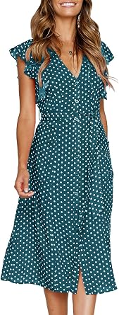 MITILLY Womens Boho Polka Dot Flutter Short Sleeve V Neck Button Down Swing Midi Dress with Pockets