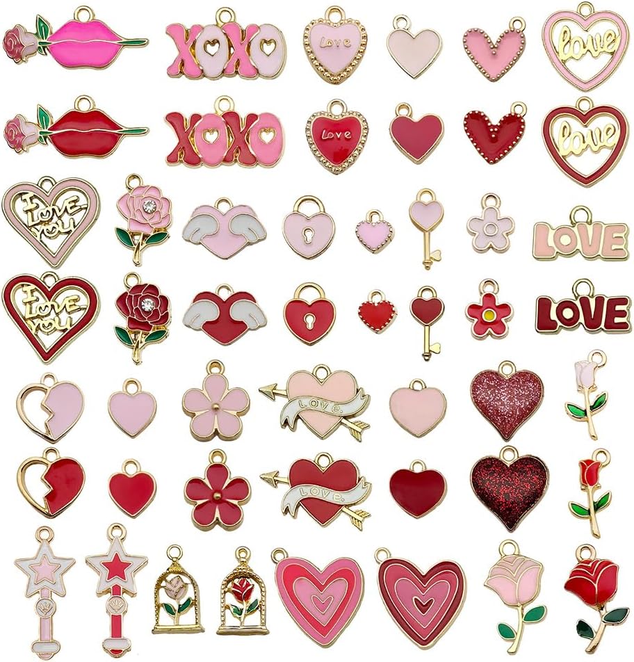 Youdiyla 50pcs Alloy enamel red pink Valentine's Day set Pendant Jewelry Making DIY Keychain Earrings Pendant Various Design Charms for Jewelry Making Bracelets Necklace (SN1045)