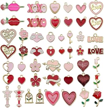Youdiyla 50pcs Alloy enamel red pink Valentines Day set Pendant Jewelry Making DIY Keychain Earrings Pendant Various Design Charms for Jewelry Making Bracelets Necklace SN1045