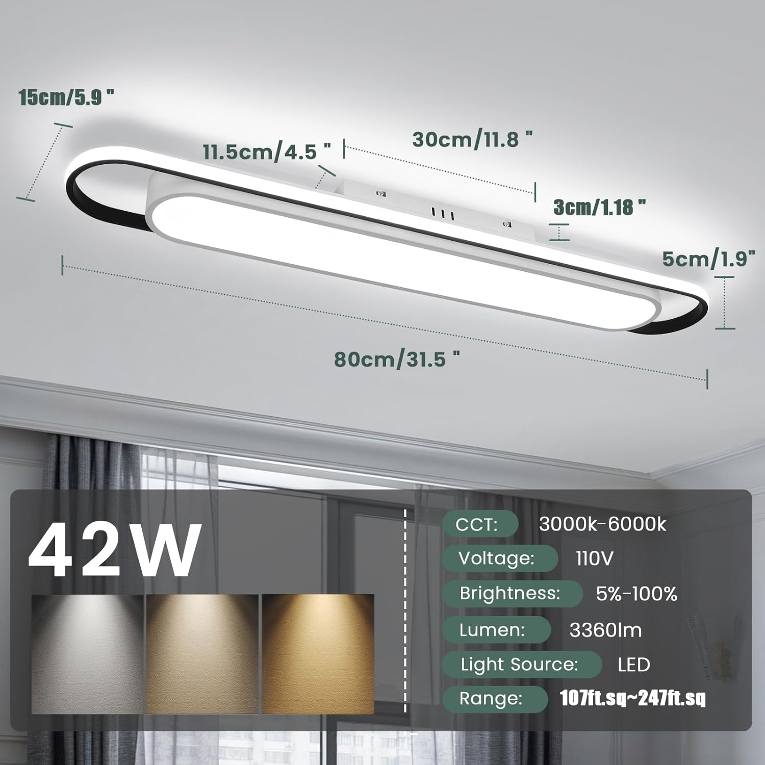 ADISUN Modern LED Ceiling Light, Semi Flush Mount Ceiling Light with Remote Control, 31.5in, 42W, Dimmable, Black Linear Ceiling Lamp for Living Room, Kitchen, Bedroom