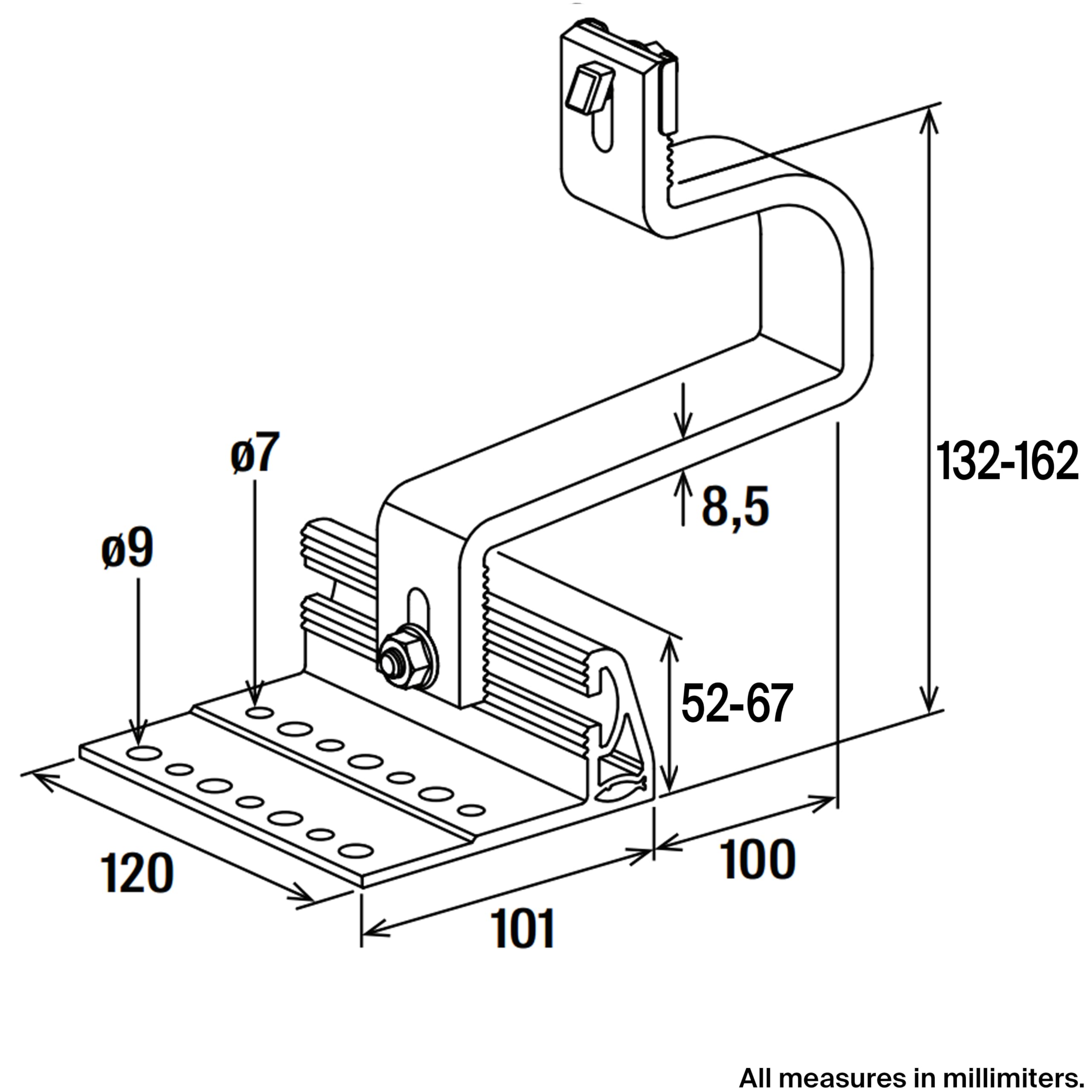 Fischer RH 52-67 VB ALL 10 x aluminiowe haki dachowe, 3 regulacje, pionowe złącze, do profili fotowoltaicznych paneli słonecznych, 571748