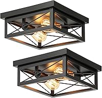 Kondras 2-Pack 2-Light Black Industrial Square Flush Mount Ceiling Light, Farmhouse E26 Fixture for Kitchen Bedroom Hallway
