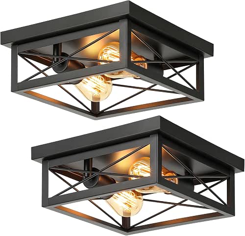 Kondras Modern 2-Light Industrial Square Flush Mount Ceiling Light, Black