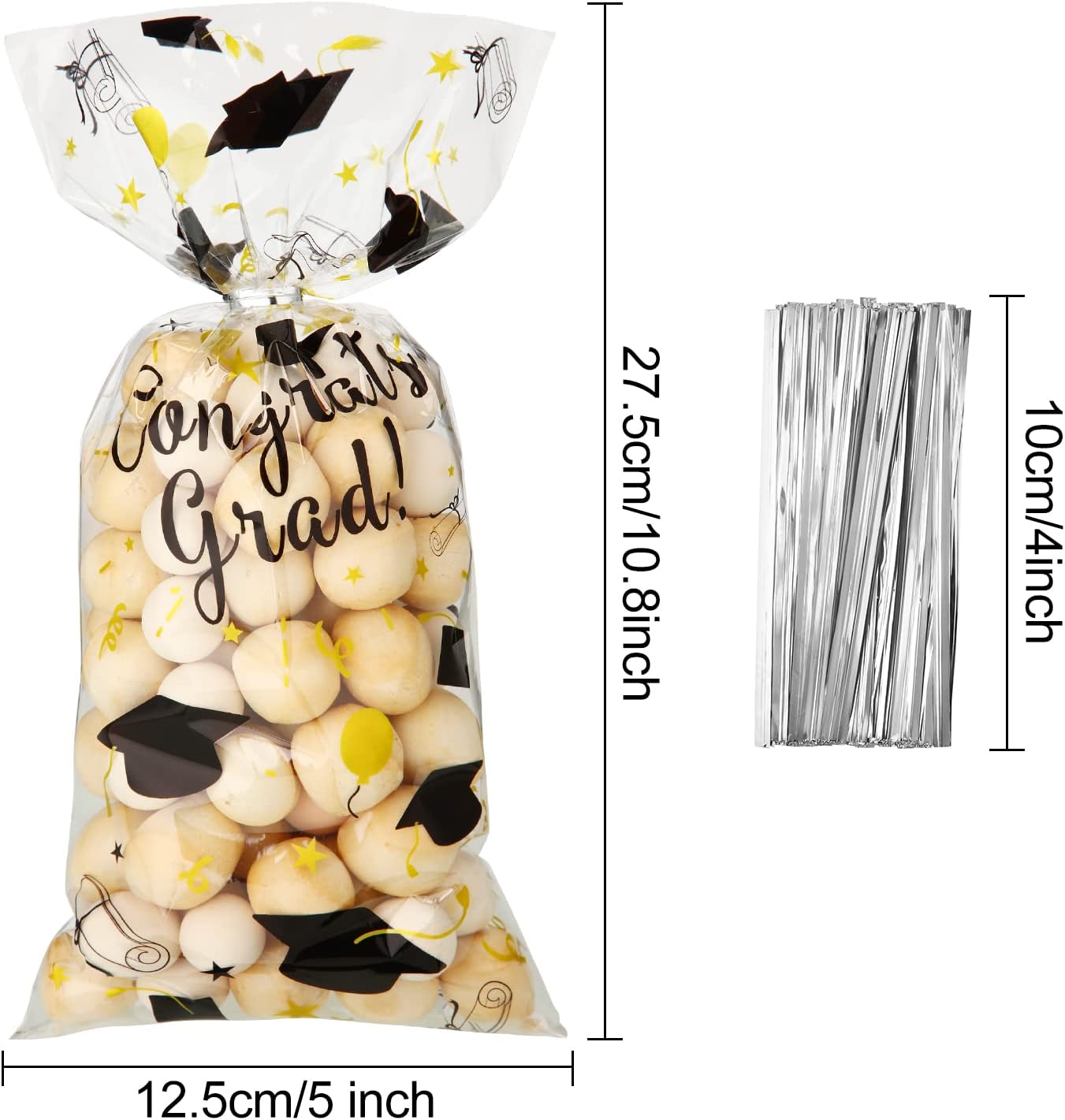 Blulu 100 Pieces Graduation Cellophane Treat Bags Congrats Graduates Candy Plastic Goodie Wrapping Gift Bags with 100 Silver Twist Ties for Grad Party Supplies(Black Gold)