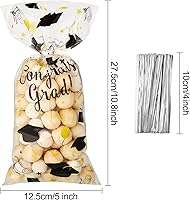 Vista 2 de Blulu 100 bolsas de celofán de graduación, felicitaciones para graduados, bolsas de regalo de plástico con 100 lazos giratorios plateados para Negro
