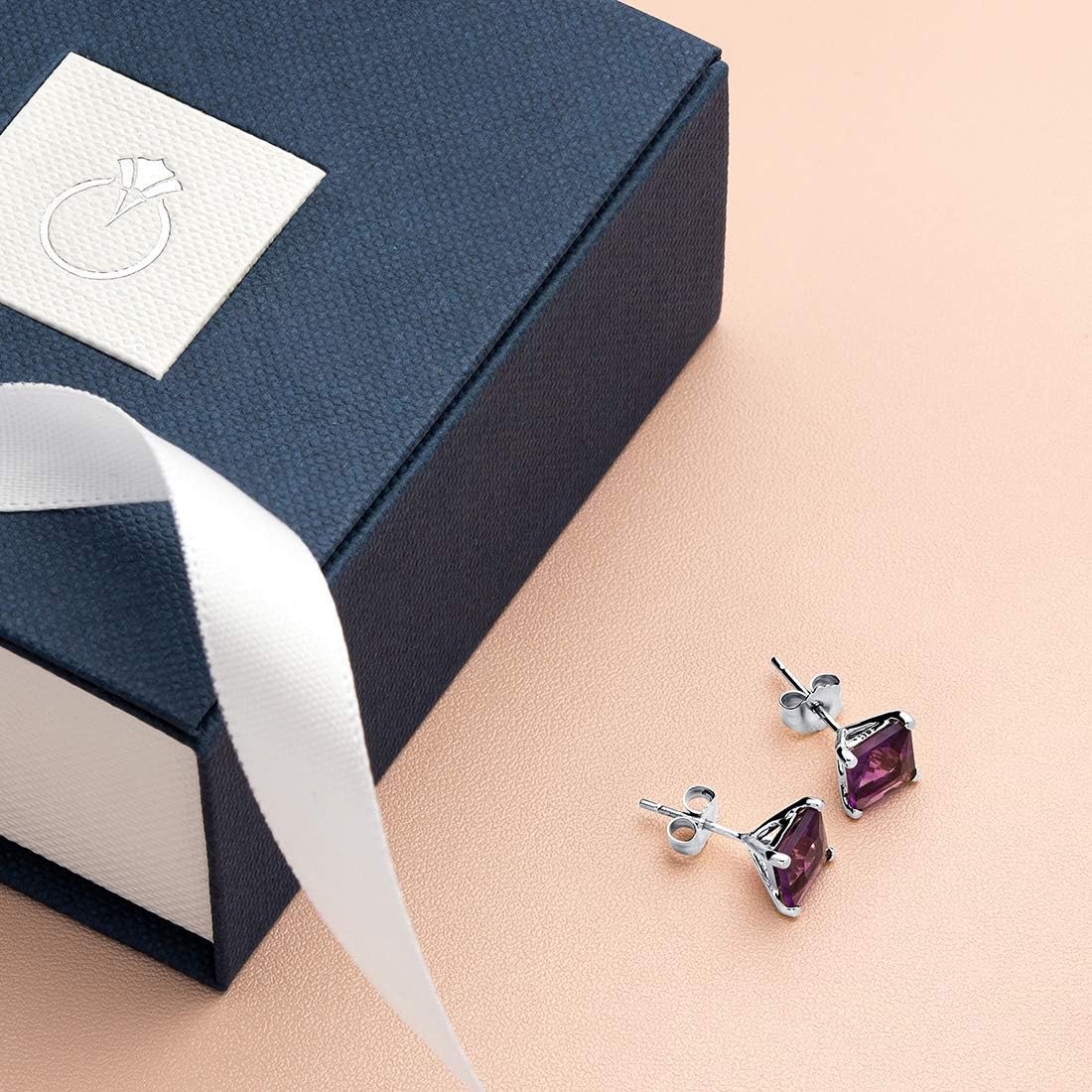 Peora Solid 14K White Gold Amethyst Stud Earrings for Women, Genuine Gemstone Classic Solitaire Princess Cut, 6mm, 2 Carats total, Friction Back, Hypoallergenic Gold Stud Earrings,