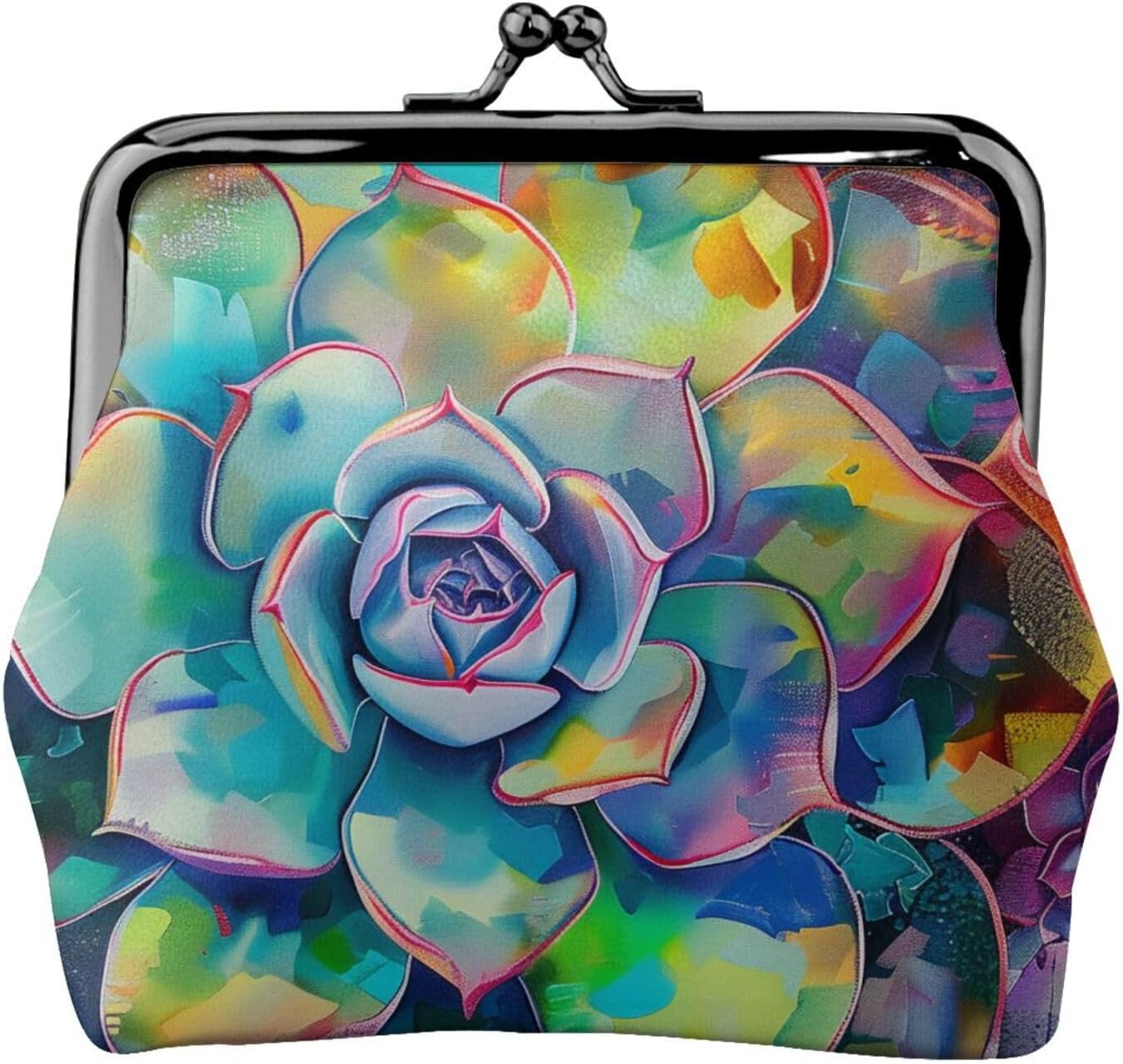 Colorful Succulent Printed Coin Purse for Women Cute PU Leather Coin Wallet Mini Coin Purse Pouch with Kiss-Lock