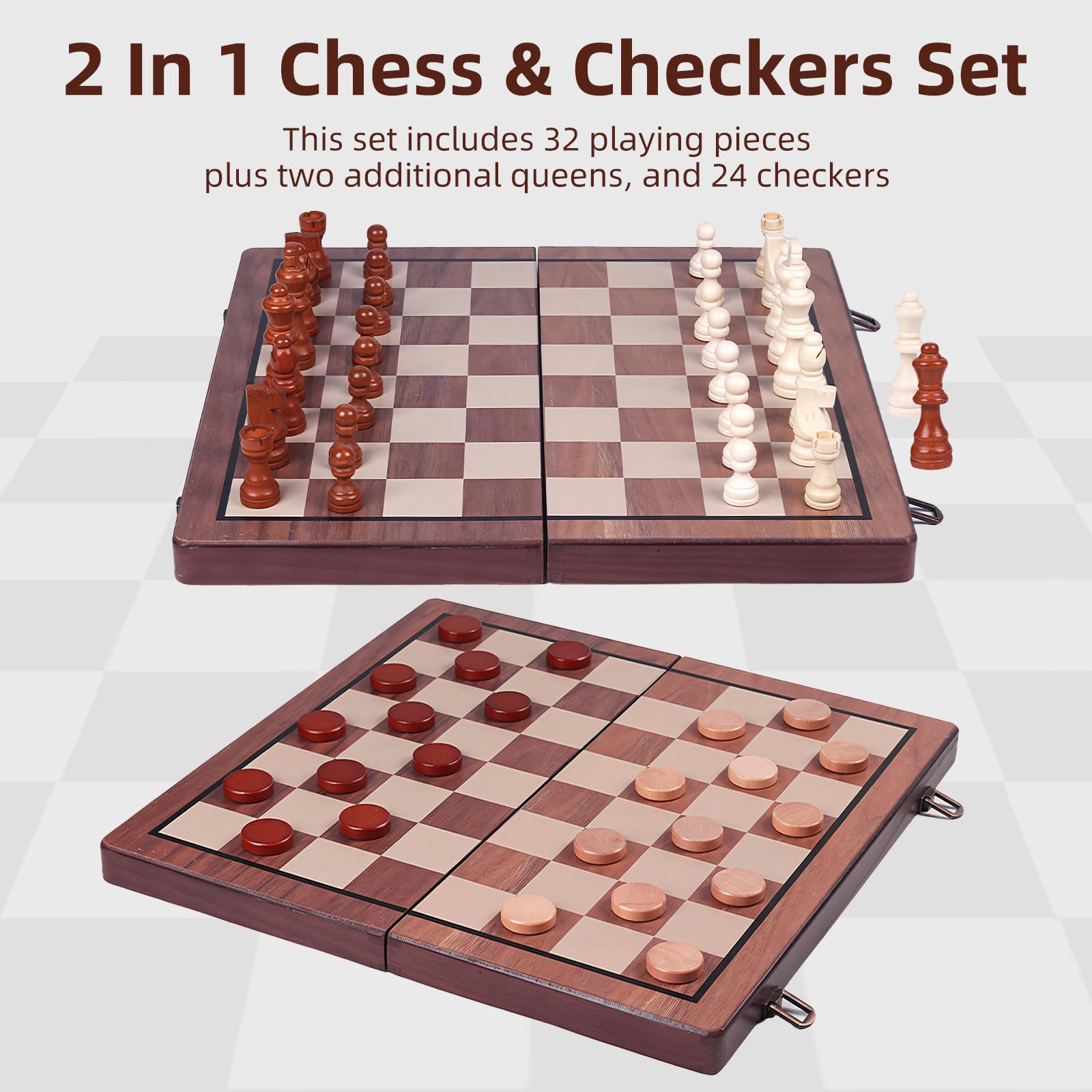 2-in-1 Magnetisch Schaakspel, 39x39cm Opvouwbaar Schaakbord Hout, Schaken en Dammen Spel, met 32 Schaakstukken & 2 Extra Dammen