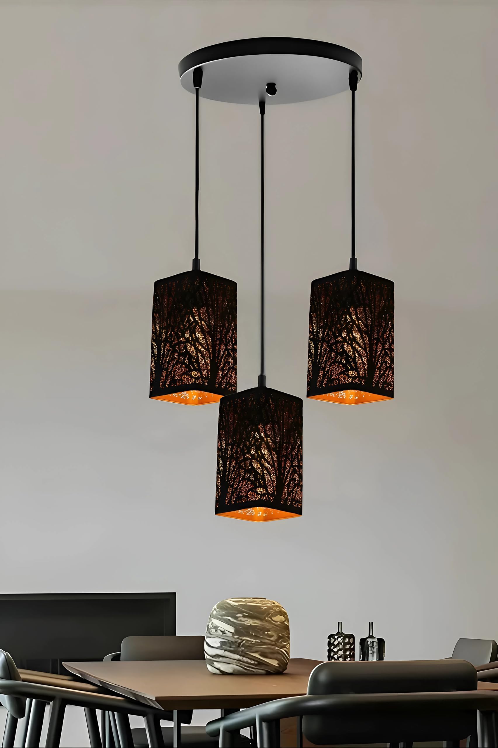 twixle with Bulb Metal Lezer Cutting Tree 3 Lamp Round Cluster| Chandelier| Hanging Lamp for Living Room| Ceiling Lamp for Bedroom, Balcony, Restaurant (Forest Round Cluster)-image-38