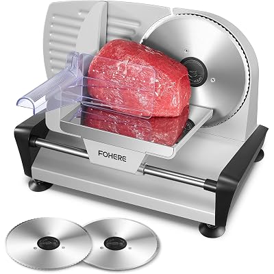 FOHERE 200W Meat Slicer Machine for Home, Electric Food Slicer with Two 7.5" Sharp Stainless Steel Blade(Serrated + Smooth) 0-15mm Precise Thickness Deli Meat Slicer for Bread Fruit Vegetable(Silver)